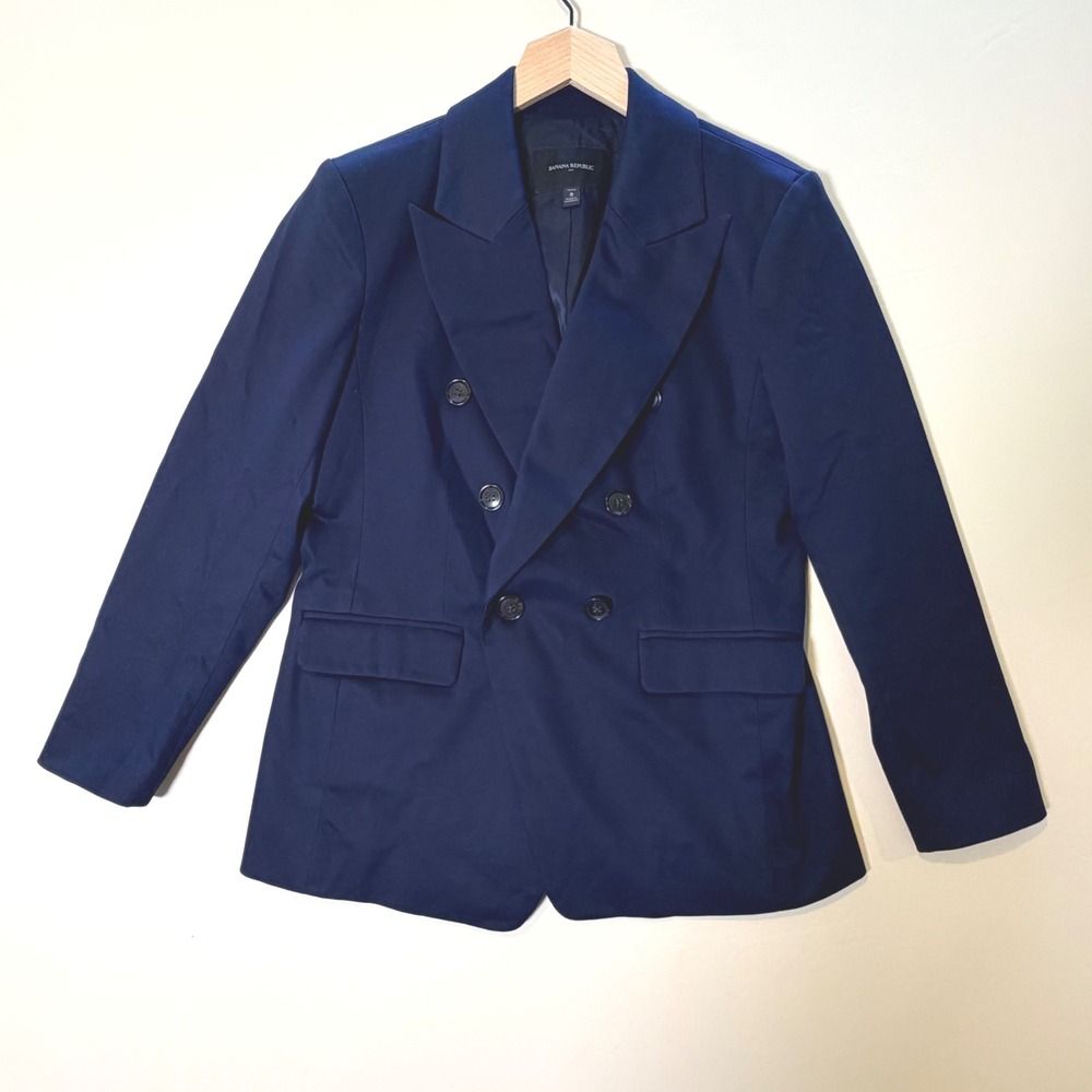 Banana Republic Womens Navy Blue Petite Double Breasted Peak Lapel Blazer 8P